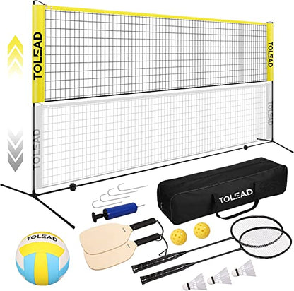 Outdoor Sports Game Set All-in-One w/Volleyball Pickleball Paddles & Badminton Rackets